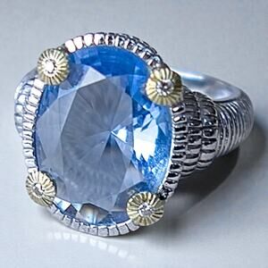Judith Ripka 925 Silver Blue Quartz Diamond Ring 18k Gold Accent Cocktail